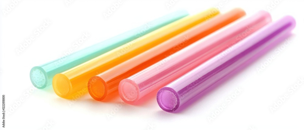 Five colorful, translucent straws arranged in a row, ideal for beverages. Five colorful, translucent straws arranged in a row, ideal for beverages.