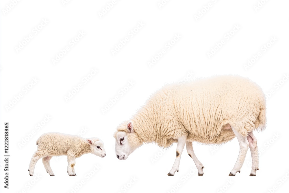 Fototapeta premium A tender moment between a mother sheep and her lamb, showcasing their bond in a serene white background