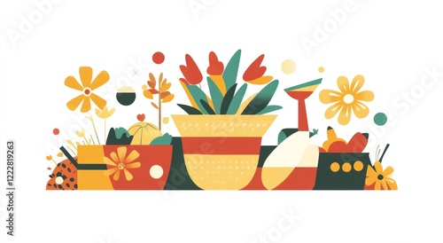 A colorful arrangement of potted plants and flowers in a vibrant, artistic style.