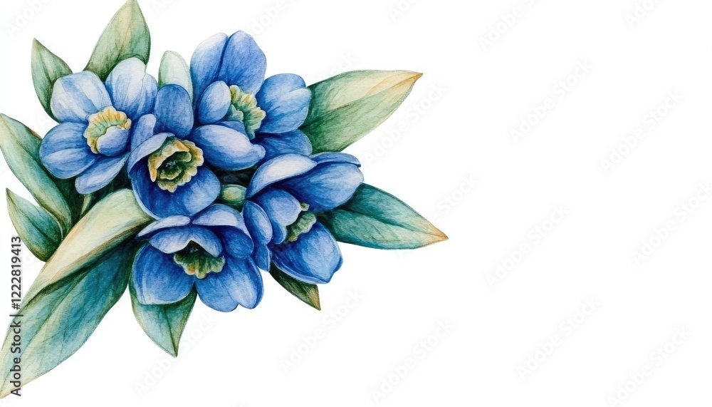 Obraz premium A vibrant bouquet of blue flowers with green leaves, set against a clean white background, ideal for design