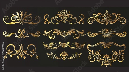 Elegant Golden Calligraphic Vignettes for Menu Design and Flour