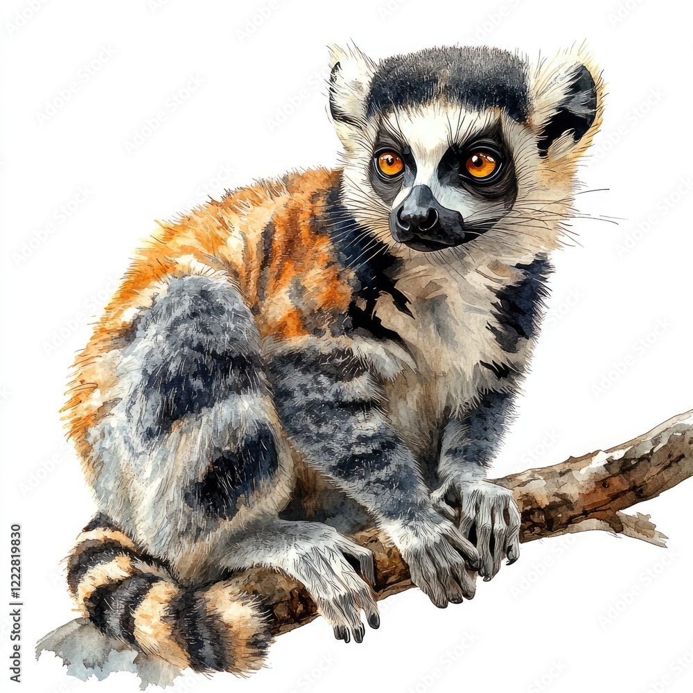 Fototapeta premium A vibrant illustration of a lemur perched on a branch, showcasing its expressive eyes and detailed fur