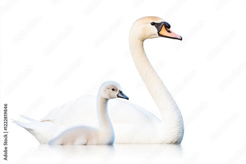 Elegant swan and its cygnet gliding gracefully on a serene water surface, with a soft white backdrop Elegant swan and its cygnet gliding gracefully on a serene water surface, with a soft white backdrop