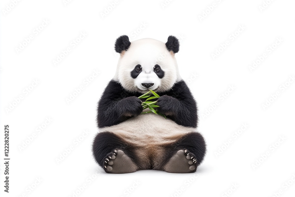 Adorable panda sitting and munching on bamboo, isolated on white background, showcasing wildlife beauty Adorable panda sitting and munching on bamboo, isolated on white background, showcasing wildlife beauty