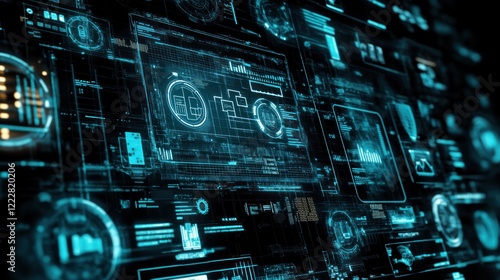 A digital interface displaying futuristic data visualizations and technology elements.