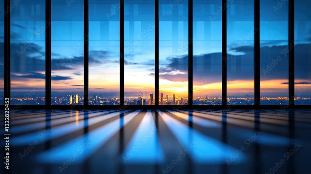 Fototapeta premium A sleek modern interior showcases large windows framing a stunning sunset over a city skyline, casting long shadows on the polished floor.