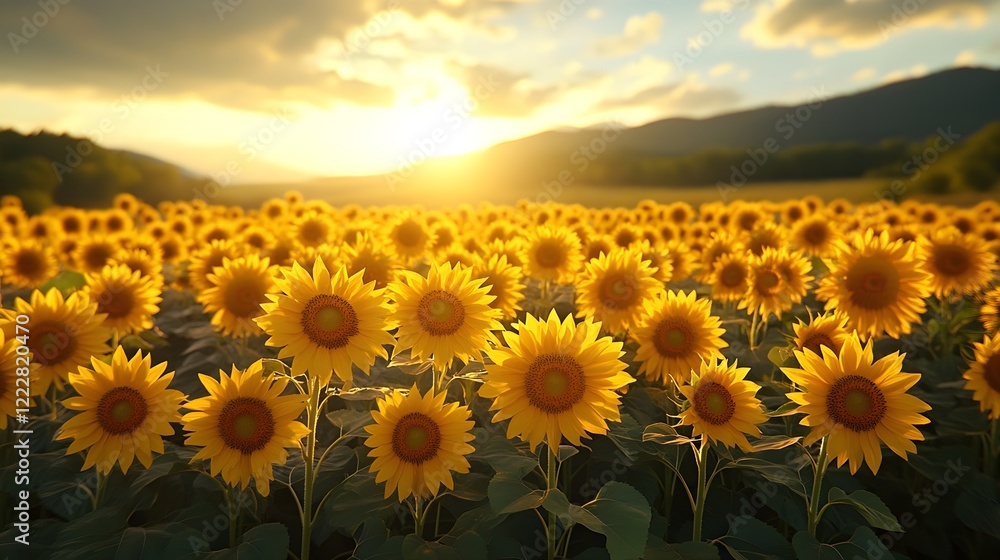 Fototapeta premium A background of golden sunflowers in full bloom under a bright sky.