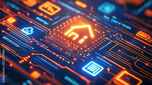 Digital circuit board with home icon, symbolizing smart home technology and connectivity.