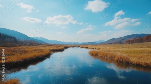 Scenic landscape of a river flowing through a meadow with mountains in the distance