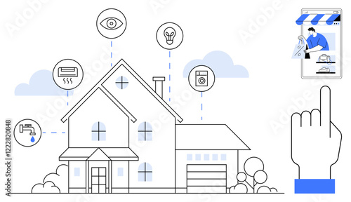 House with connected devices thermostat, security camera, lightbulb, washing machine, faucet. Hand controls device via smartphone app. Ideal for home automation, smart living, security convenience