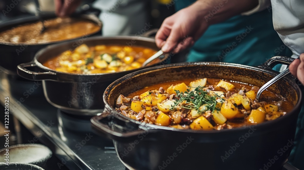 A close-up of hands serving hearty stews from large pots in a kitchen. A close-up of hands serving hearty stews from large pots in a kitchen.