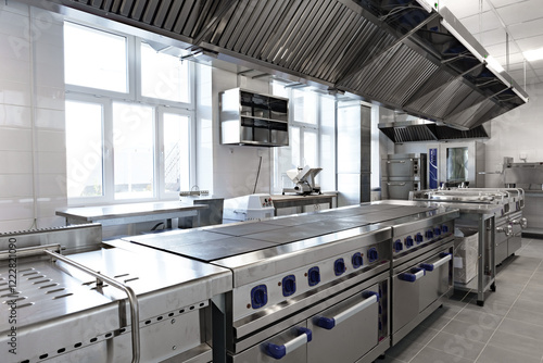Modern commercial kitchen with stainless steel appliances and ample workspace for culinary creations
