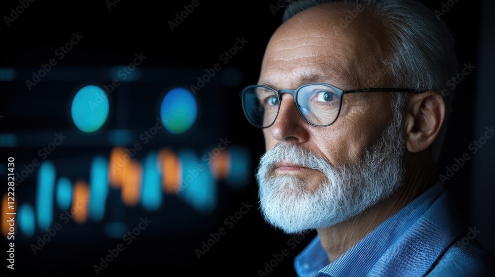 A focused older man with glasses gazes intently at digital graphs and data visualizations in a dimly lit environment. A focused older man with glasses gazes intently at digital graphs and data visualizations in a dimly lit environment.