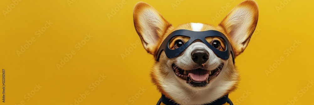 A cheerful corgi wearing a mask against a bright yellow background. A cheerful corgi wearing a mask against a bright yellow background.