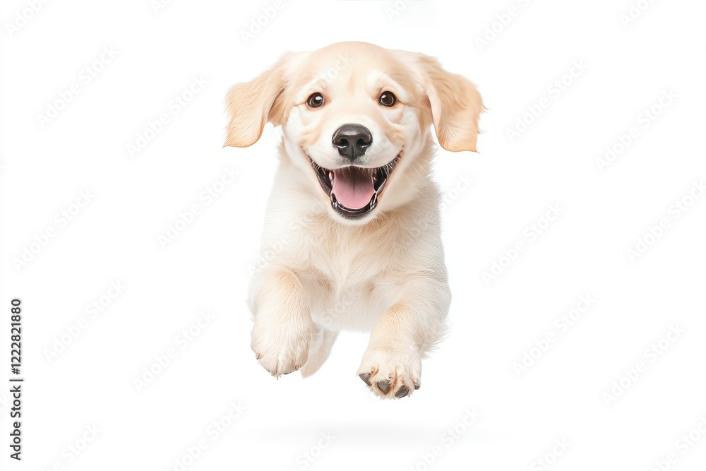 Playful golden retriever puppy joyfully leaps in mid-air against a clean white background Playful golden retriever puppy joyfully leaps in mid-air against a clean white background