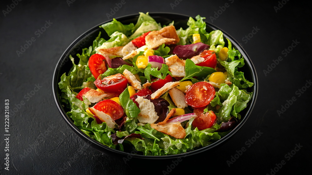 Fresh salad with colorful vegetables and crispy toppings in a black bowl on a dark surface Fresh salad with colorful vegetables and crispy toppings in a black bowl on a dark surface