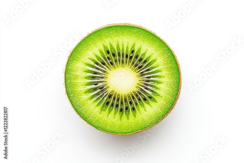 Freshly cut kiwi fruit showcasing vibrant green flesh and black seeds against a white background