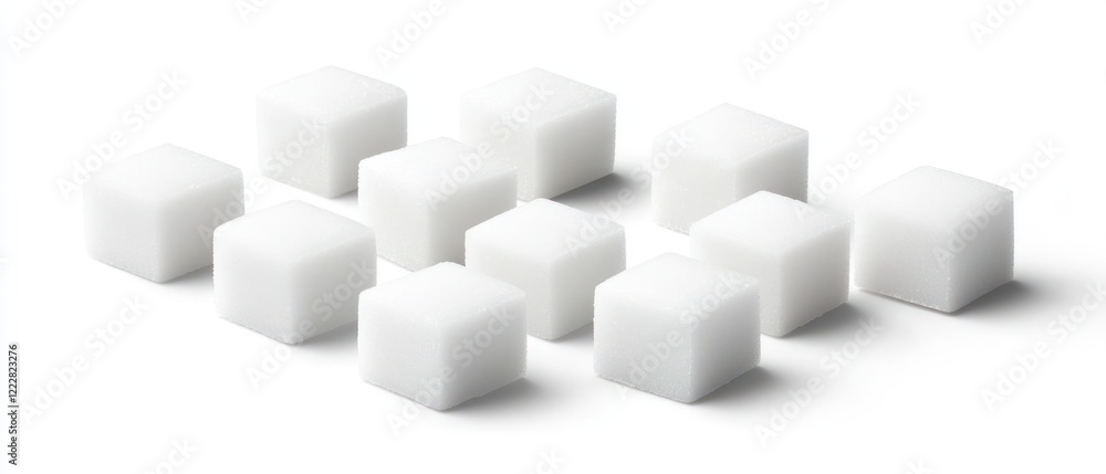 A cluster of white sugar cubes arranged neatly on a white background. A cluster of white sugar cubes arranged neatly on a white background.