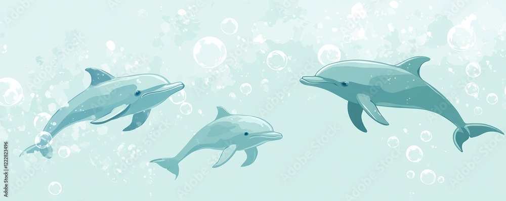 Obraz premium Three stylized dolphins swimming amidst bubbles in a serene underwater scene.
