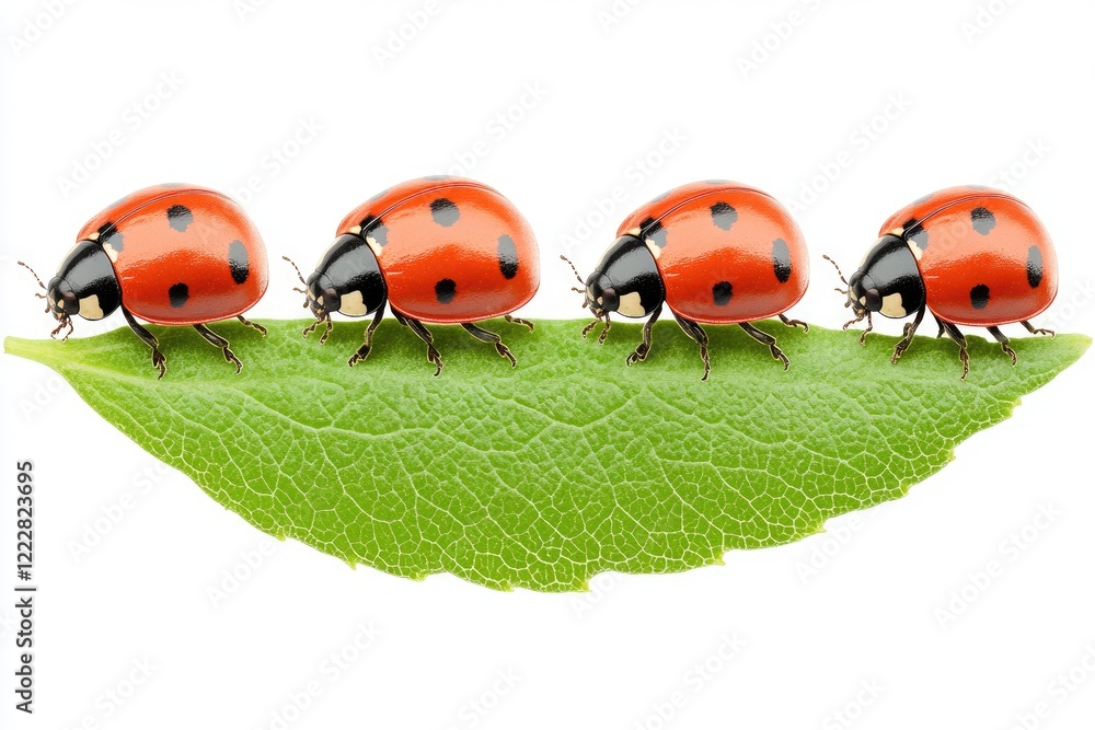 Four ladybugs walking in a line on a green leaf, showcasing nature's beauty and insect behavior Four ladybugs walking in a line on a green leaf, showcasing nature's beauty and insect behavior