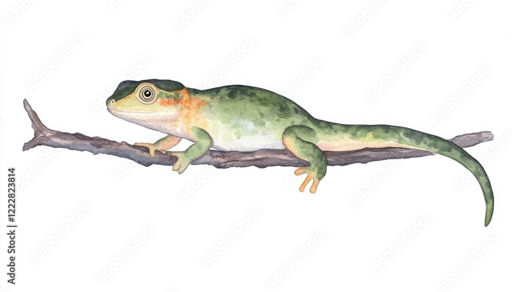 Naklejka premium A vibrant green lizard perched on a branch, showcasing its unique colors against a white background