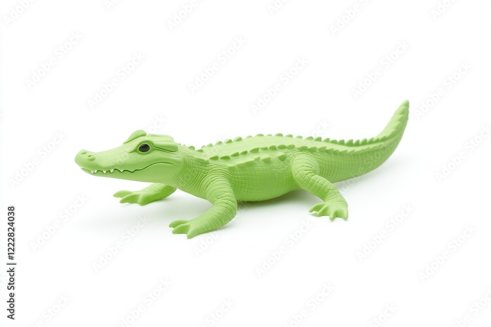 A vibrant green toy crocodile lying on a white surface, showcasing its detailed features and playful design A vibrant green toy crocodile lying on a white surface, showcasing its detailed features and playful design