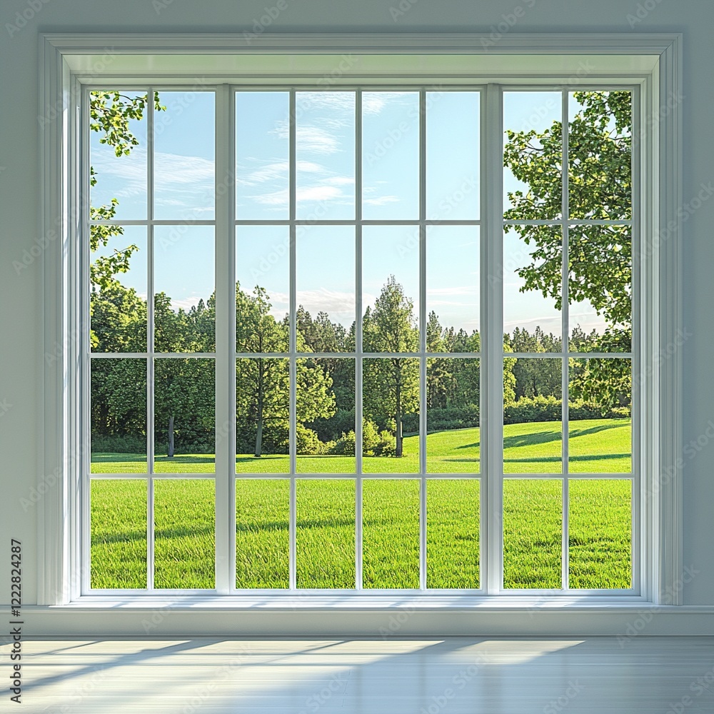 Large window showcasing a lush green landscape. Large window showcasing a lush green landscape.