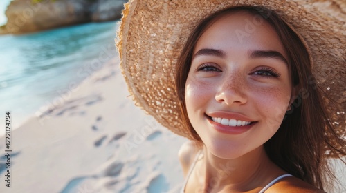 closeup shot of a good looking female tourist. Enjoy free time outdoors near the sea on the beach. Looking at the camera while relaxing on a clear day Poses for travel selfies smiling happy tropical #1222824294