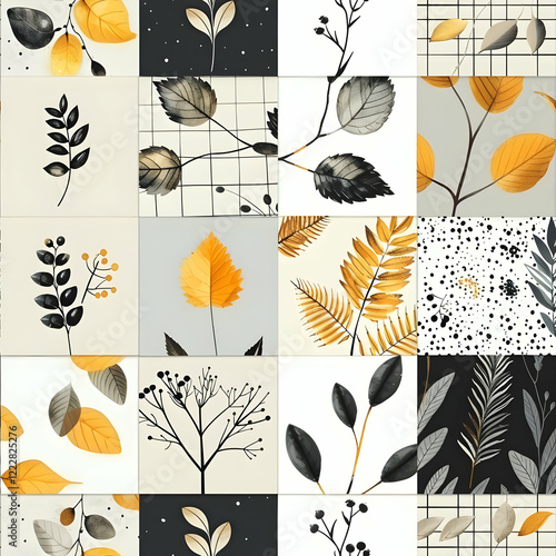 A collage of botanical illustrations featuring various leaves in warm tones.