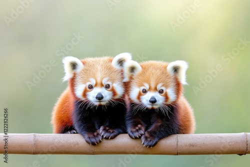 Two adorable red pandas sit closely on a bamboo branch, surrounded by a soft, blurred green background
