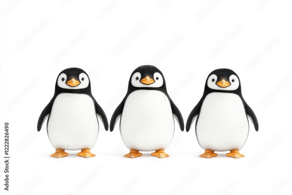 Obraz premium Three adorable penguin figurines standing together on a white background, perfect for playful decor or gifts