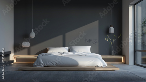 Modern Minimalist Bedroom with Platform Bed and Statement Pendant Light