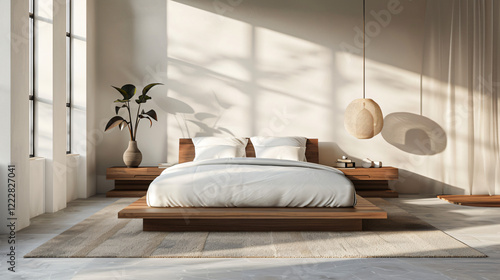 Modern Minimalist Bedroom with Platform Bed and Statement Pendant Light