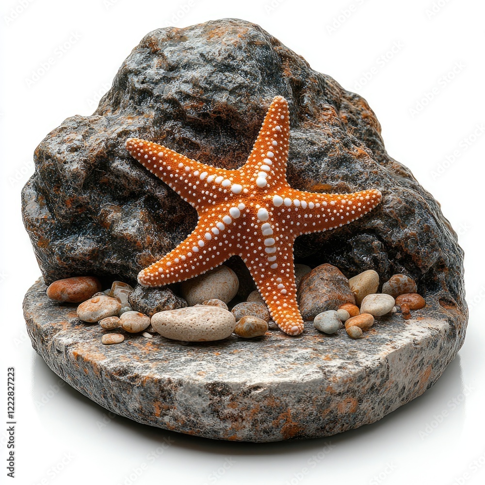A vibrant orange starfish rests on a textured rock surrounded by smooth pebbles in a serene setting A vibrant orange starfish rests on a textured rock surrounded by smooth pebbles in a serene setting
