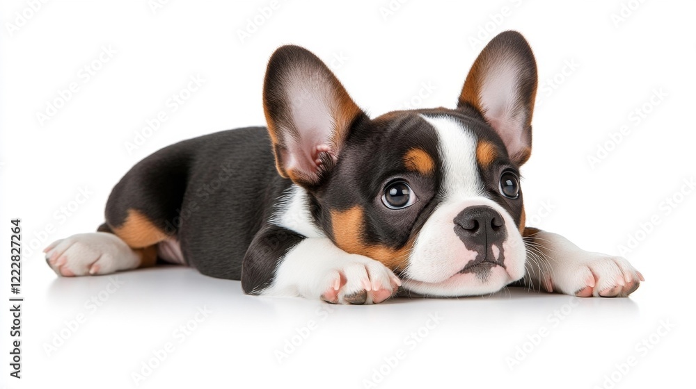 Sweet Boston Terrier puppy resting on white background. Generative AI Sweet Boston Terrier puppy resting on white background. Generative AI