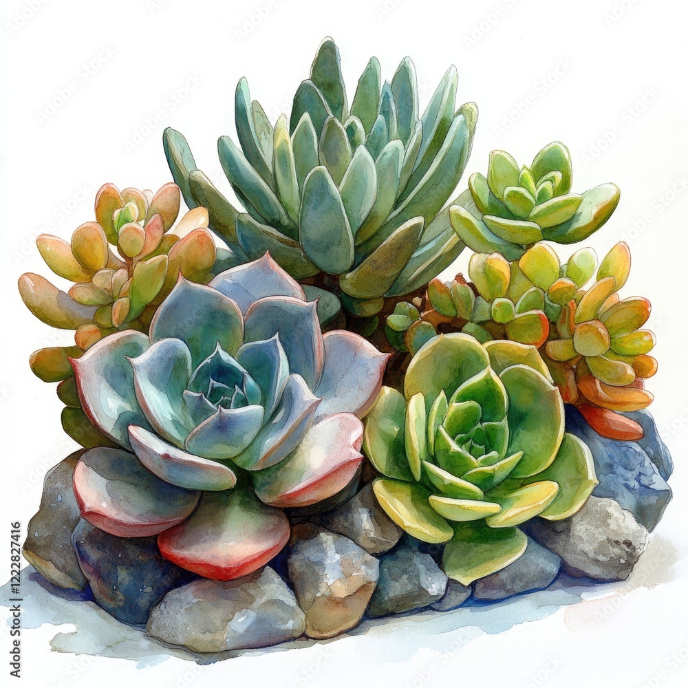 Fototapeta premium A vibrant arrangement of various succulent plants nestled among smooth stones, showcasing their unique shapes and colors