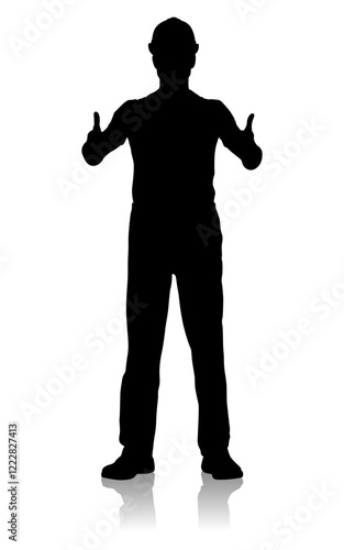 Silhouette of a Smiling Construction Worker Giving Double Thumbs Up Gesture. Vector Flat Style Illustration Isolated On White