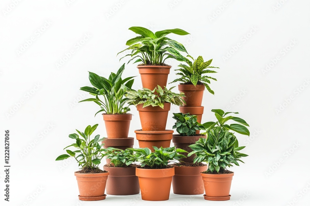 Obraz premium A Captivating Composition of Potted Plants in Terracotta Pots. A Stunning Display of Lush Foliage, Perfect for a Home or Office Decor. 
