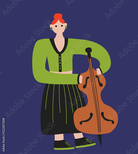 Girl plays the double bass. Cartoon kids style