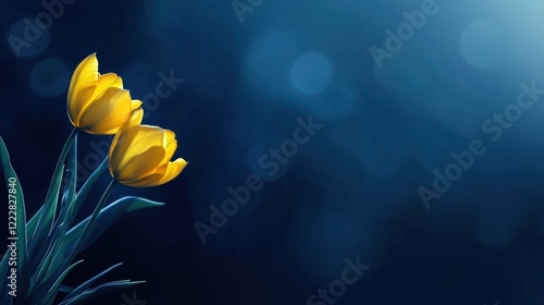 Yellow tulips glowing in dark blue background