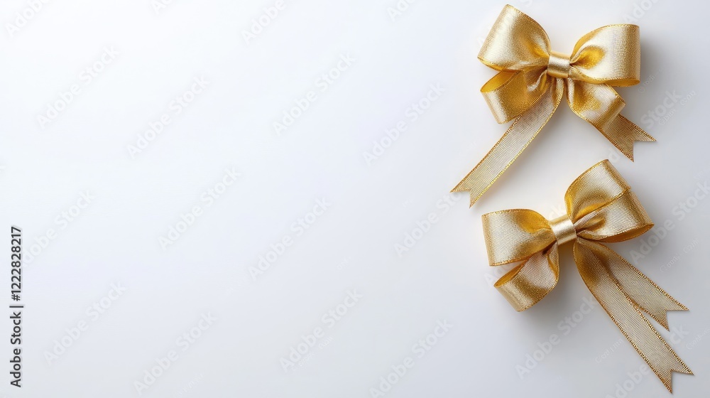 Golden ribbon bows on white background; gift wrapping; festive; blank space for text; holiday card design Golden ribbon bows on white background; gift wrapping; festive; blank space for text; holiday card design