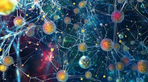 Depiction of microbial networks highlighting symbiotic relationships and quorum sensing in communities