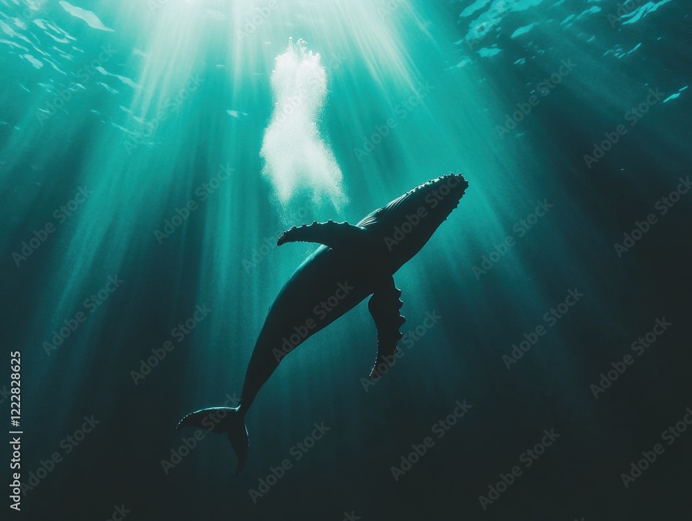 Fototapeta premium Majestic whale swimming underwater with sunlight rays