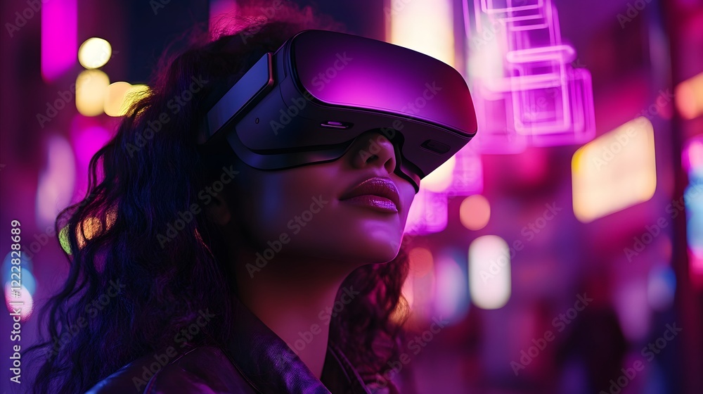 Woman using VR headset, cyberpunk city background, night, exploring metaverse Woman using VR headset, cyberpunk city background, night, exploring metaverse