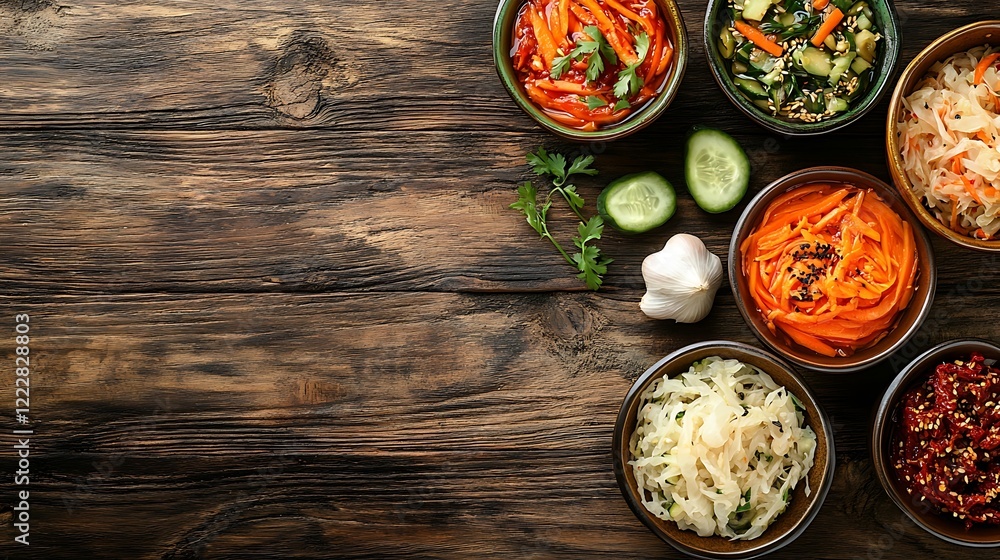 A range of pickled and fermented foods set against a wooden background, showcasing glass jars that hold an array of fermented vegetables. A range of pickled and fermented foods set against a wooden background, showcasing glass jars that hold an array of fermented vegetables.