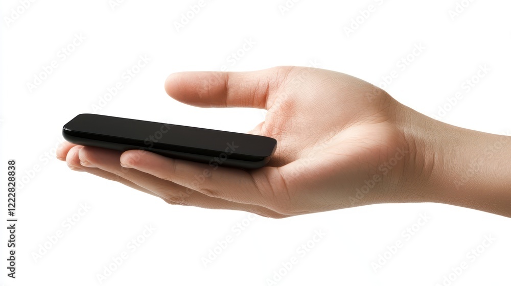 A hand holding a sleek, black smartphone against a white background. A hand holding a sleek, black smartphone against a white background.