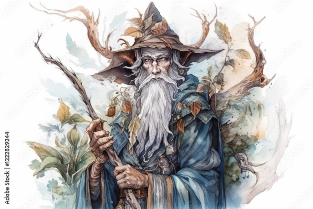 Fototapeta premium Spirit of the forest. Wood goblin. Skogen. Scandinavian mythology, illustration., watercolor style, Generative AI