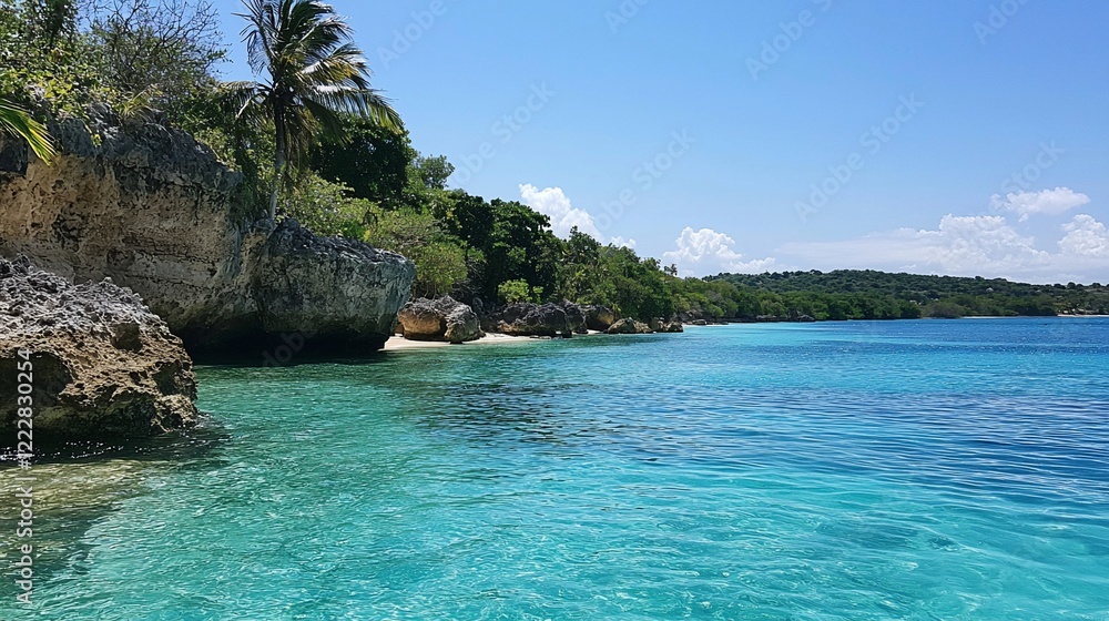 Serene tropical beach with clear turquoise water, lush greenery, and rocky cliffs under a bright sky Serene tropical beach with clear turquoise water, lush greenery, and rocky cliffs under a bright sky