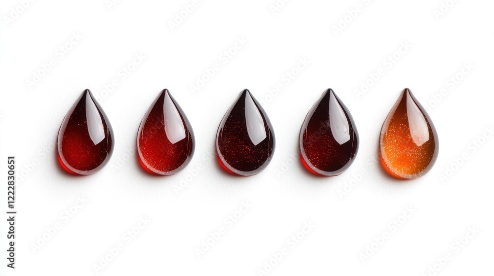 Obraz premium Five glossy drops resembling liquid, showcasing rich amber and dark hues.