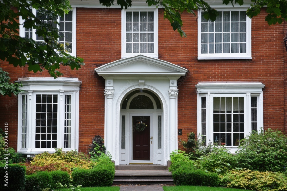 Beautiful brick house with elegant architecture and well-maintained garden in a peaceful suburban neighborhood on a clear sunny day Beautiful brick house with elegant architecture and well-maintained garden in a peaceful suburban neighborhood on a clear sunny day